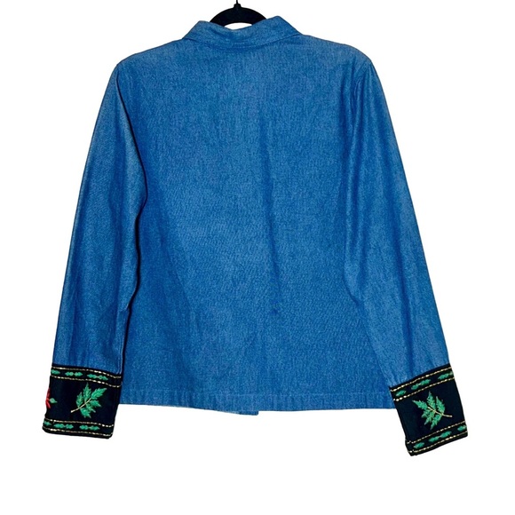 Blair Denim Button Down Shirt Jacket with Poinsettia Holiday Embroidery, Medium - Picture 2 of 12